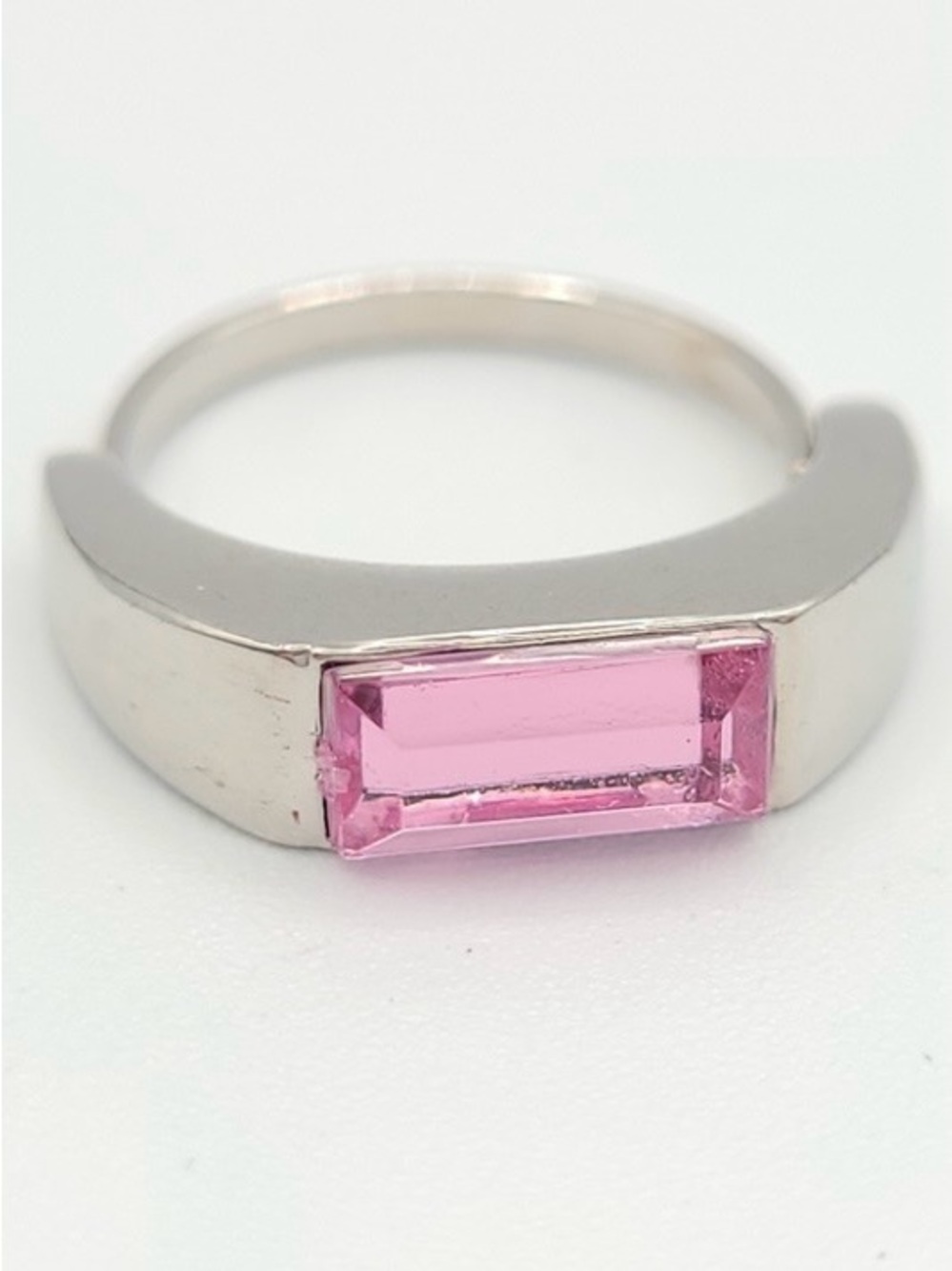 Pink Baguette Ring Y2K Minimalist Silver Tone Size 6.5